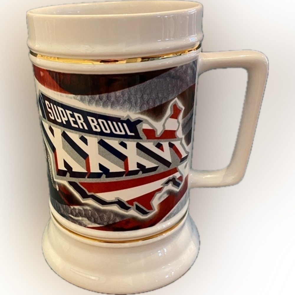 NFL Super Bowl XXXVI white ceramic Stein. New Orleans February 2002. New England